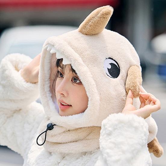 Women Winter Hat Full Protection Cartoon Shark Shape Thickened Plush Drawstring Adjustment Windproof Warm Outdoor Skiing Cap