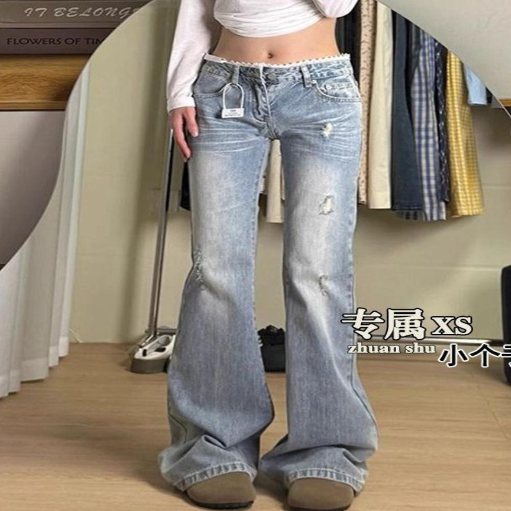 women s Lace Trim High Waist Flare Jeans Vintage Bootcut Denim Pants S синий