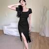 Women's 2024 French Square Neck Slit Pleated Summer Bodycon Dress