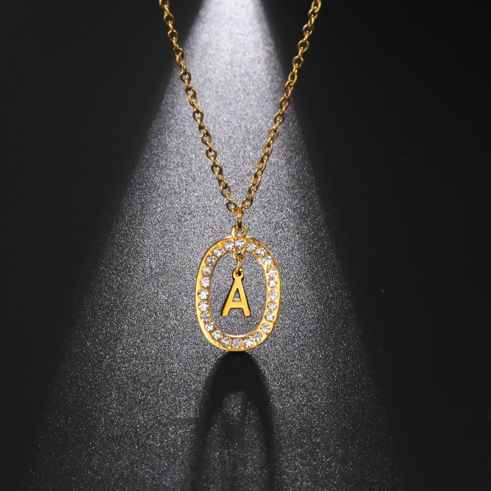 Stainless steel white oval crystal necklace 26 letters A-Z zircon women's sweater chain friend gift