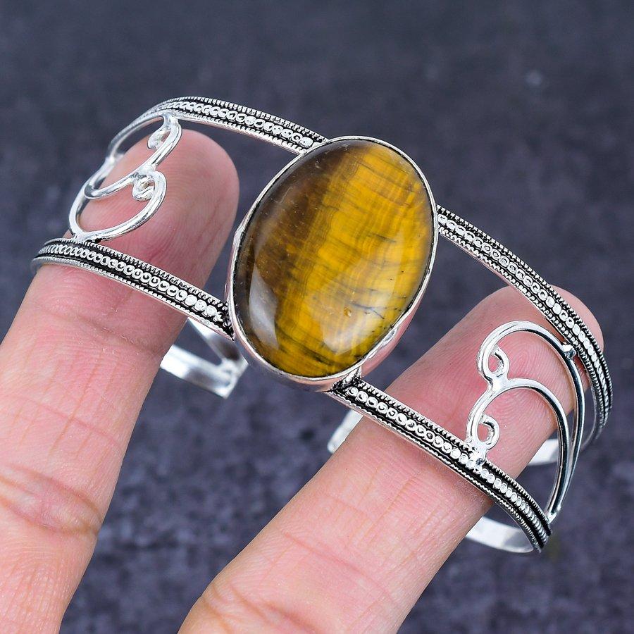 Natural Tiger Eye Gemstone 925 Sterling Silver Cuff Bangle Adjustable K8W12
