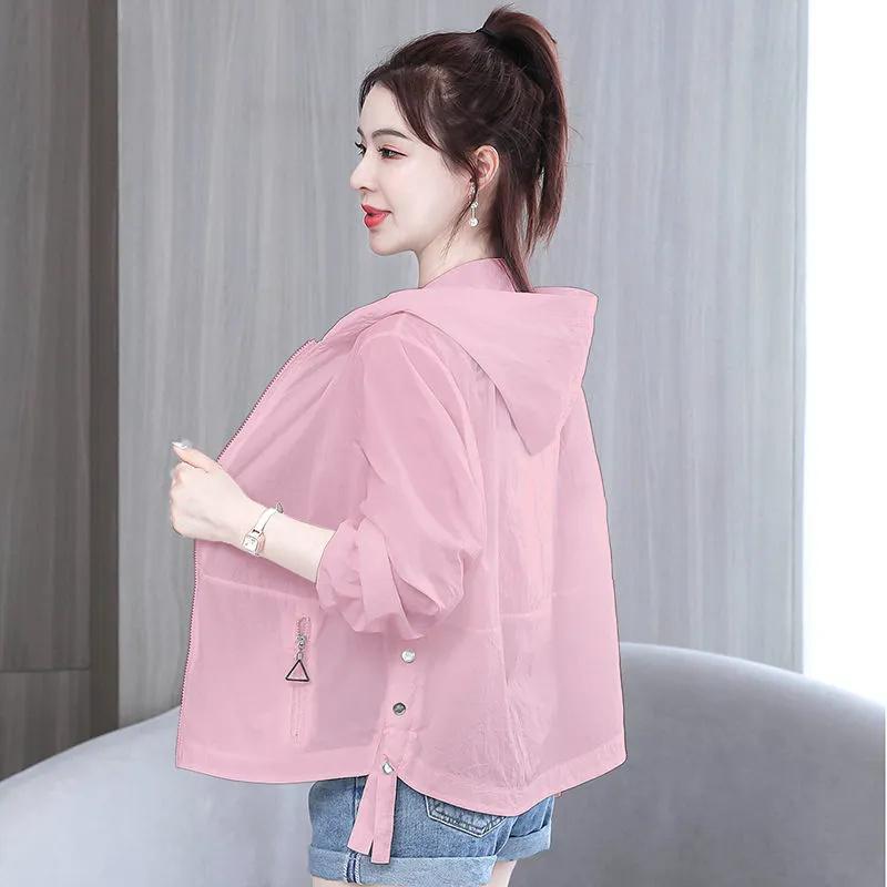 Summer Women Hooded Short Breathable Sun Protection Clothing Woman New Sporty Loose Long Sleeved Anti UV Cardigan Thin Coat