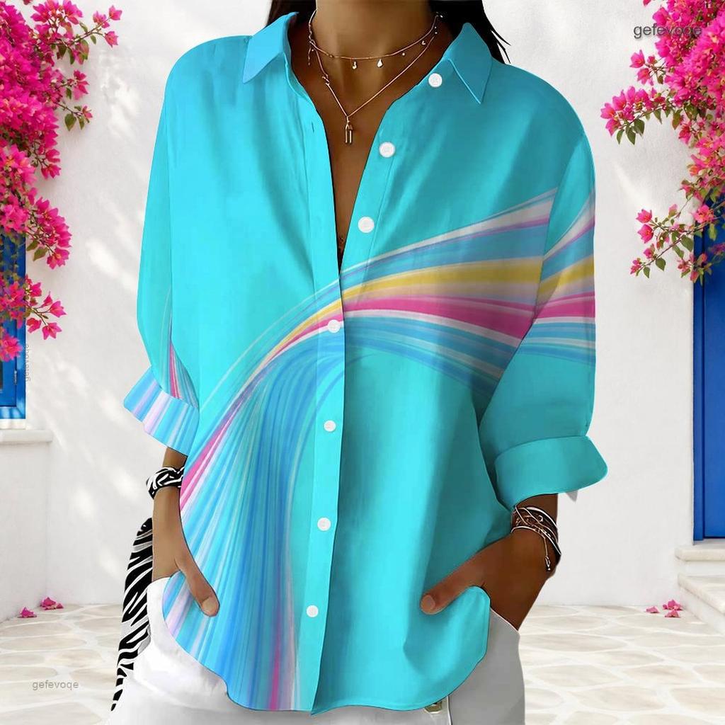 Women Plus Size Collared Long Sleeve Colorful Swirl Print Button Front Shirt