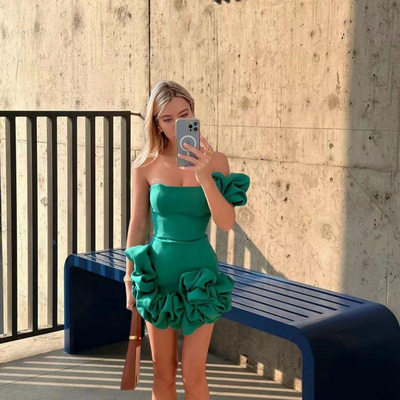 

New Amazon Cross-Border Dress, Tight-Fitting Short Skirt, Irregular Ruffled Flower Bud Waist-Cinching Dress Green L