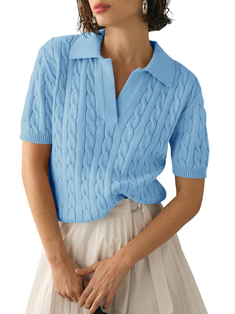 Women's polo collar short sleeved knitted sweater, women's casual solid color twisted flower knitted sweater