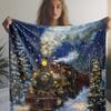 Vintage Train and Christmas Tree Print Flannel Throw Blanket, Soft Cozy Warm Digital Printed All-Season Polyester Bedding for So