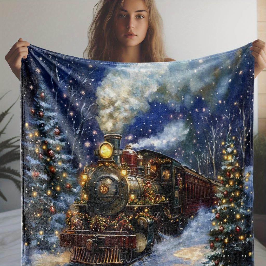 Vintage Train and Christmas Tree Print Flannel Throw Blanket, Soft Cozy Warm Digital Printed All-Season Polyester Bedding for So