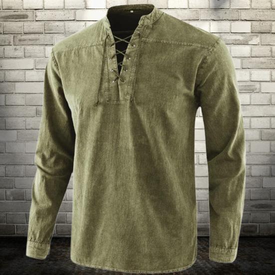 Męska koszula jednolita kolorystycznie sznurowana vintage stójka długi rękaw top na randkę