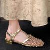 Spot French Retro Gold Hollow Mesh Silver Beautiful Bag Head Sandals Women's Rear Empty Buckle Belt Low Heel Women's Single Shoes