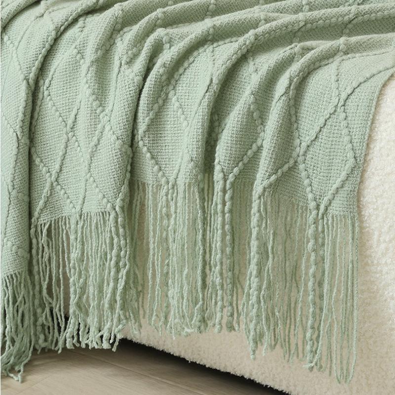 Solid Color Coarse Knitted Blanket Nordic Style Diamond Grid Woven Bed Flag with Tassels Large Size Sofa Blanket Soft Comfortable Bed Tail Blankets