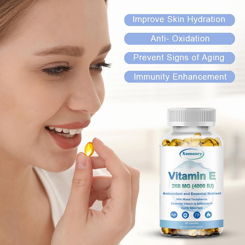 Vitamin E capsules, support antioxidant protection, all-natural, non-GMO, vegetarian, suitable for both men and women.