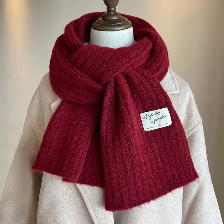 Korean Style Knitted Student Scarf Women's Wool Blended Wool Autumn and Winter Fashionable Warm Christmas Red Scarf for Men