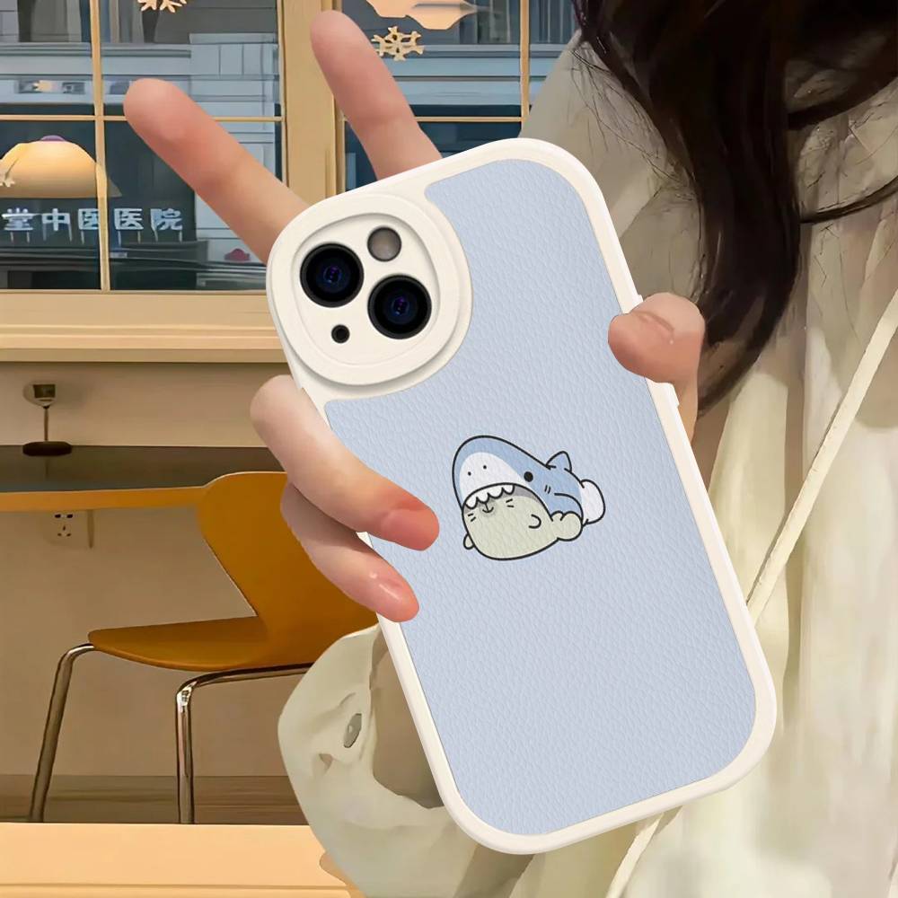 Cute anime Shark Leather Phone Case For iPhone 16 15 14 17 Pro Max 11 12 Mini Plus Soft Shell