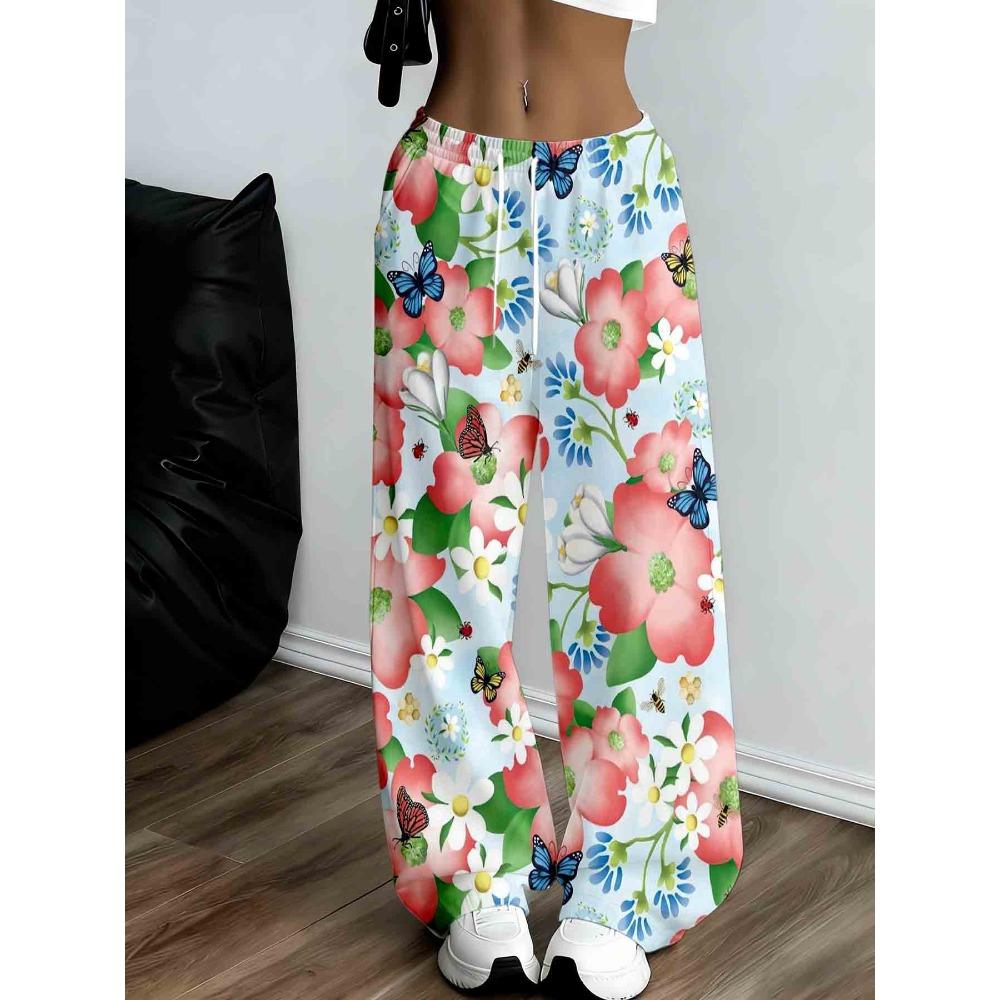 Women's Floral Wide-leg Pants, Butterfly Flower Printing, Casual and Comfortable Loose Version