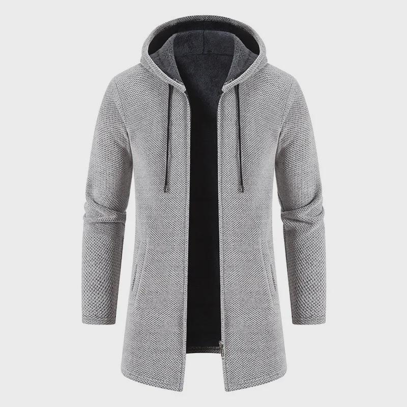 Herr Mellanlång Stickad Kofta med Huva - Höst/Vinter, Lös Passform, Plus Size