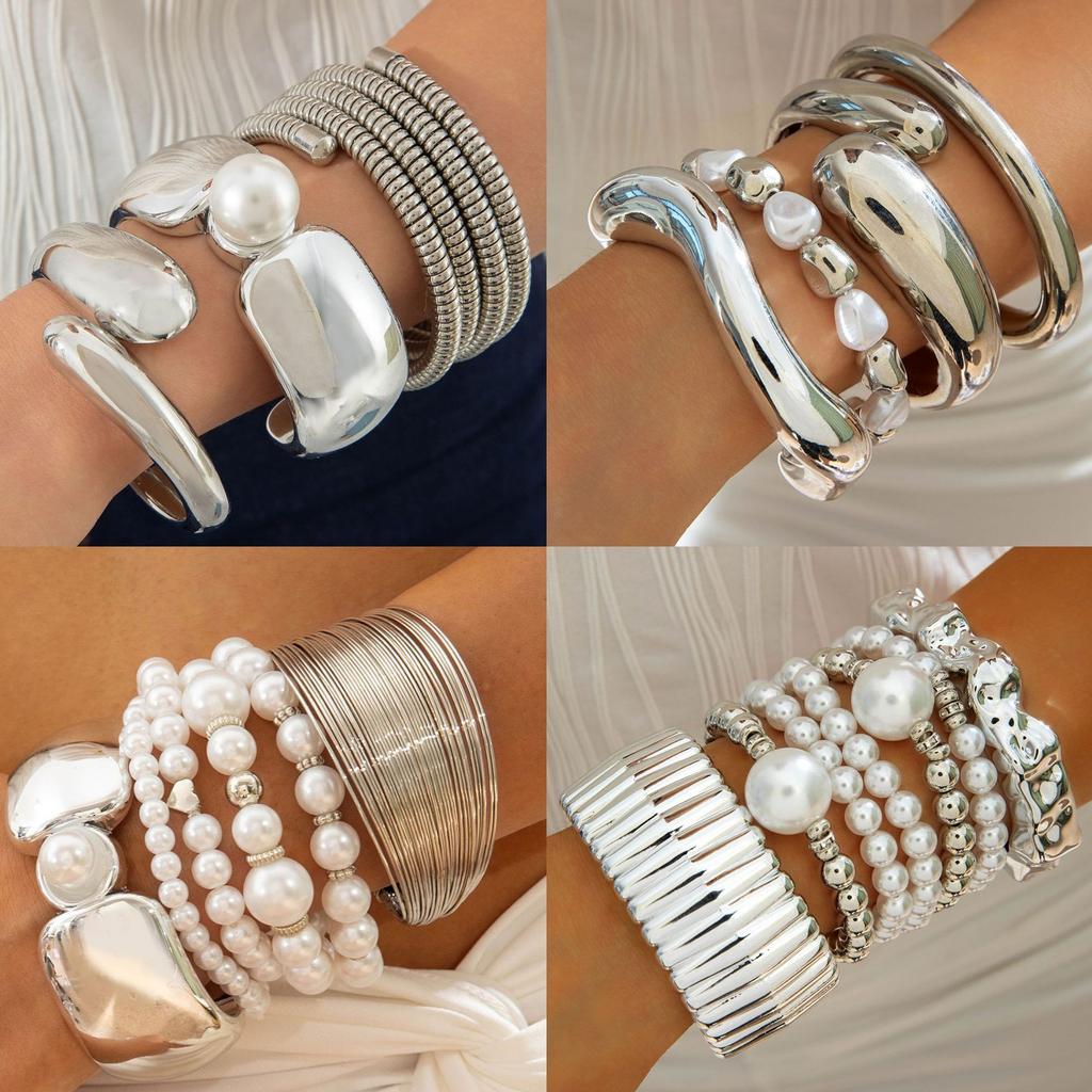 Accessories, geometric metal exaggerated bracelets, multi-layer pearl beaded bracelet set