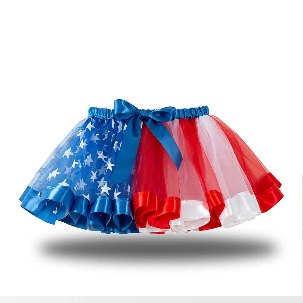 2026 Star Flag Lined Tutu Skirt for Girls - European & American Color Block Mesh Puffy Skirt Small