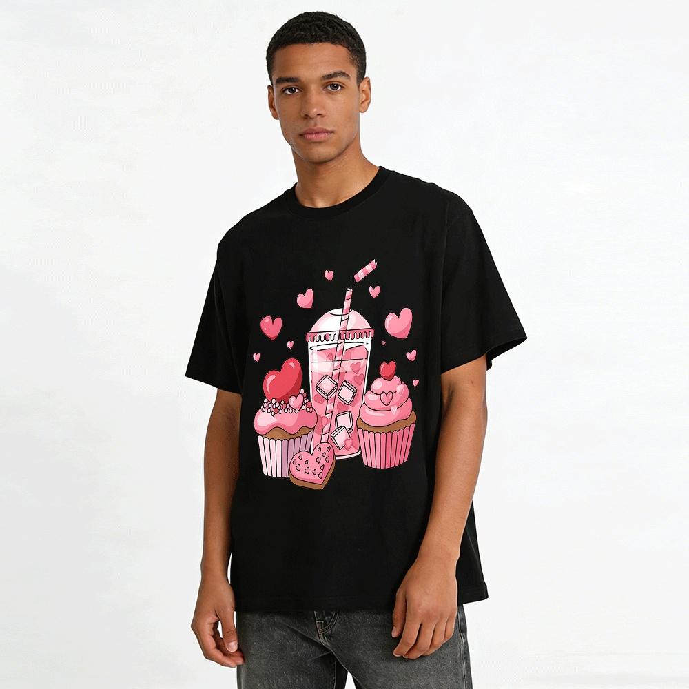 Love Heart Dessert Print Casual Top For Women Girls Pure Cotton T-shirt