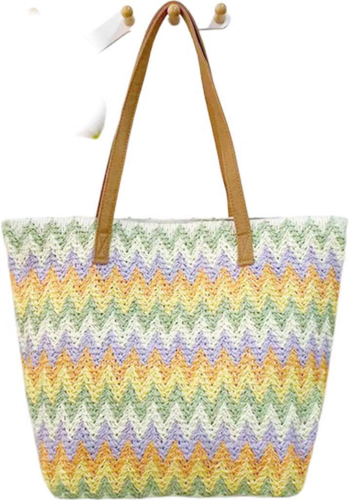 Natural Wavywoven Shoulder Bag With Organizer For Beach And Casual Outings