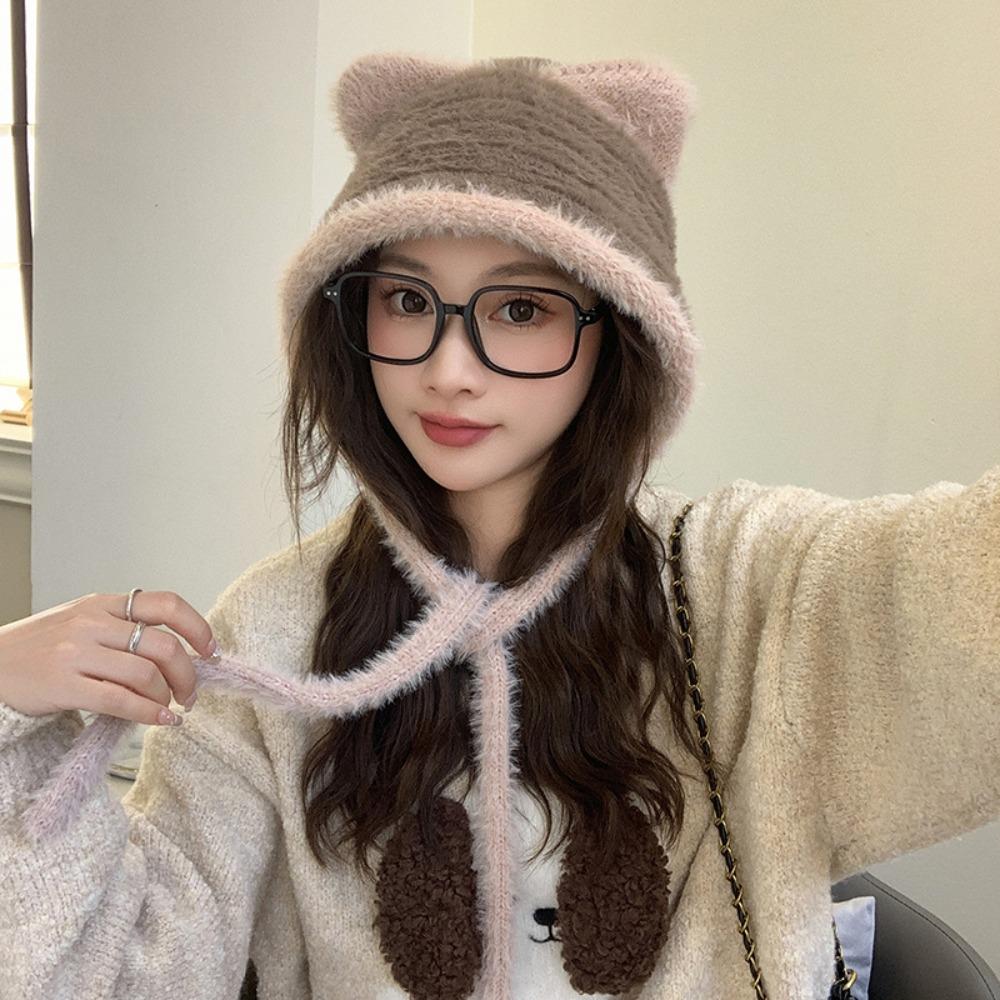 Plush Faux Fur Bucket Hat Korean Style Women Fluffy Hats Fashion Cute Cat Ear Hat  Girls