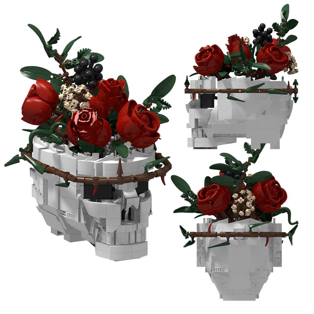 MOC Skull Roses Bouquet BricksSkeleton Flowers Plant Pot Blocks Horror Gothic Home Decor Bricks Toys for Adult DIY Gift