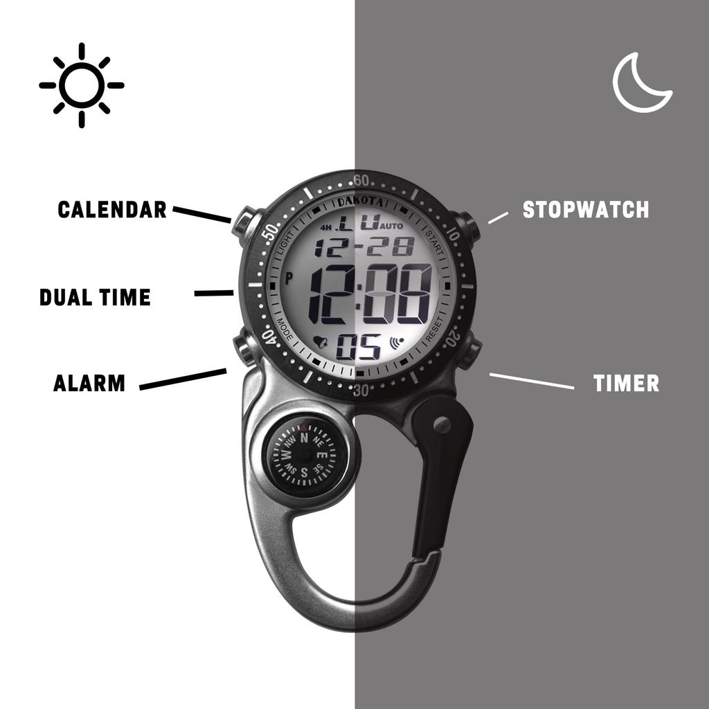 Dakota Pocket Watch with Carabiner, Digital, Waterproof, Alarm, Stopwatch, Timer, Compass, for Outdoor Activities, Camping, Hiking, and Travel