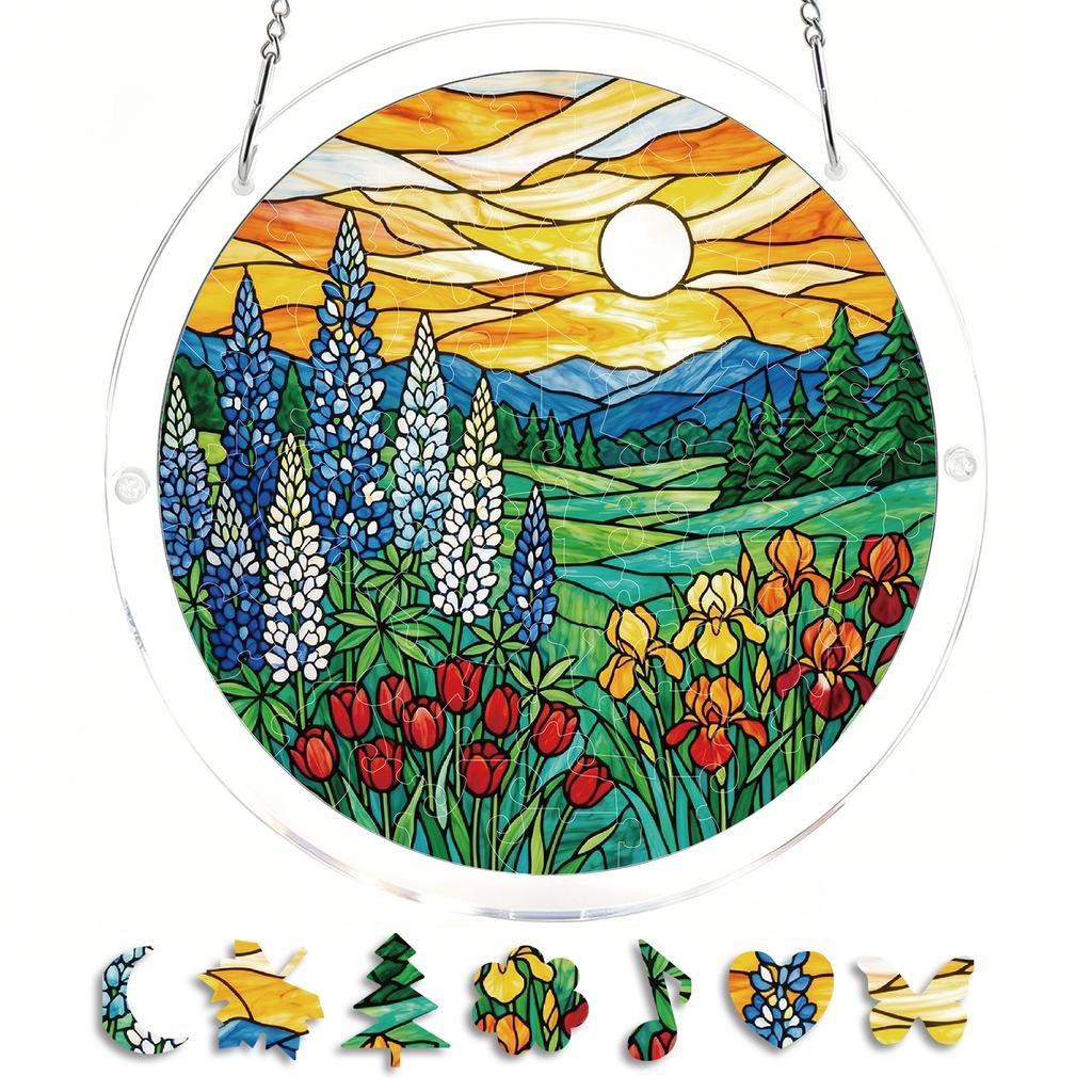 1Set/83pcs 18.8Cm Acrylic Jigsaw Suncatcher Puzzle, Lupine Tulip And Iris Flower Meadow Sun Catcher, Window Hanging Decor, Floral Stained Glass Acryli