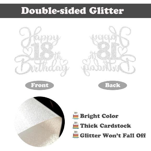 Sotpot 1PC Happy 18th Birthday Cake Topper Double-sided Silver Glitter Cake Pick Cake Decoration for 18th Birthday Anniversary Party Cake Decorations