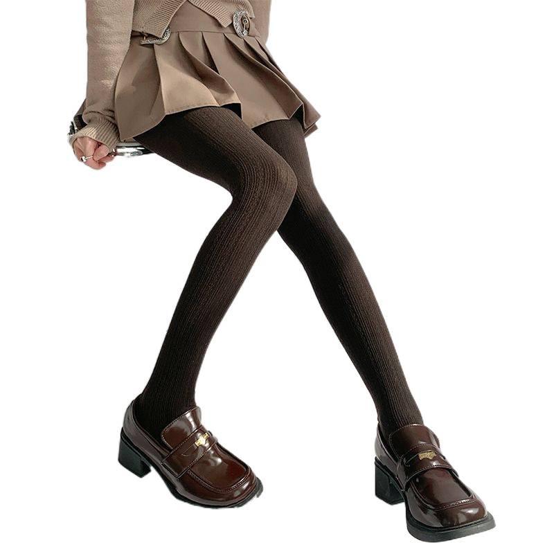 Girls' Retro Cable Knit Gray Tights - Thickened Autumn/Winter JK Style Socks with White Base Layer.