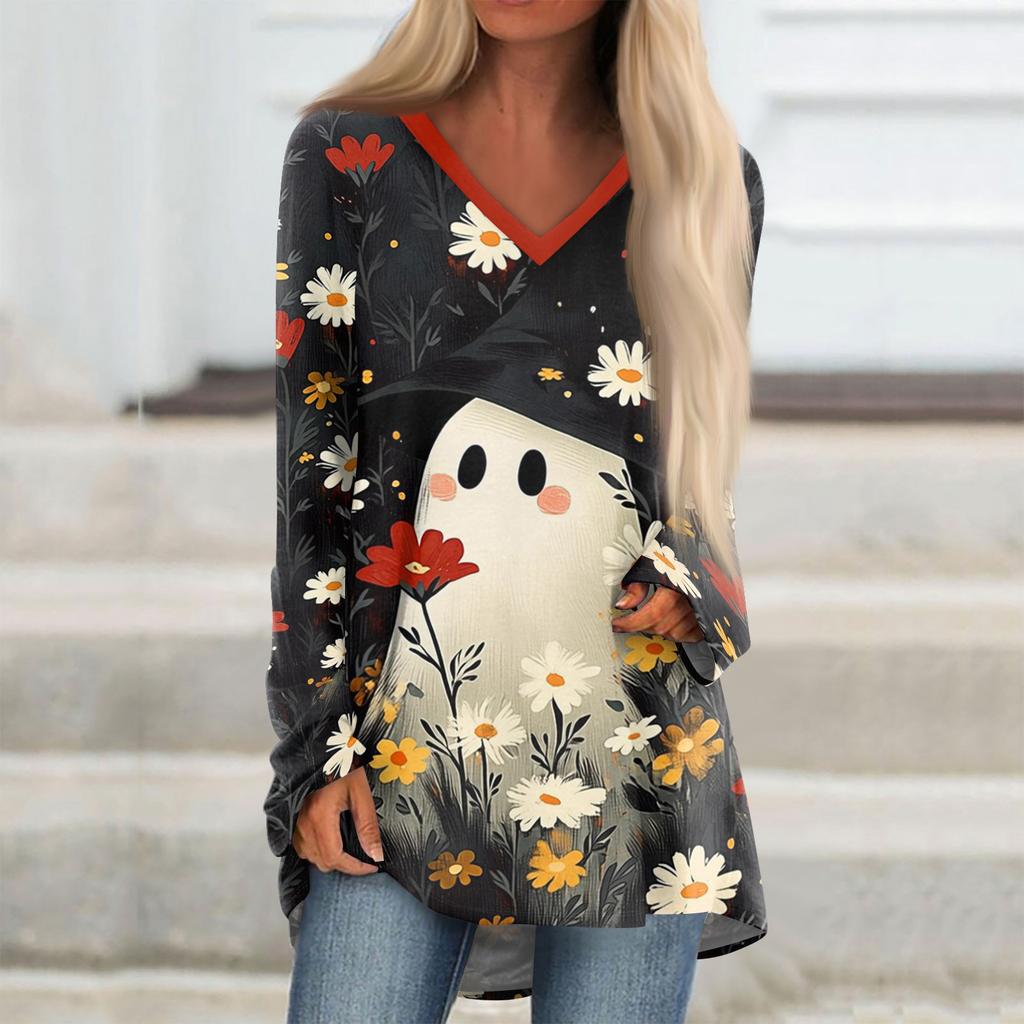 Women's Long Sleeve V-Neck Tunic T-Shirt with Halloween Print for Casual Fall Outings