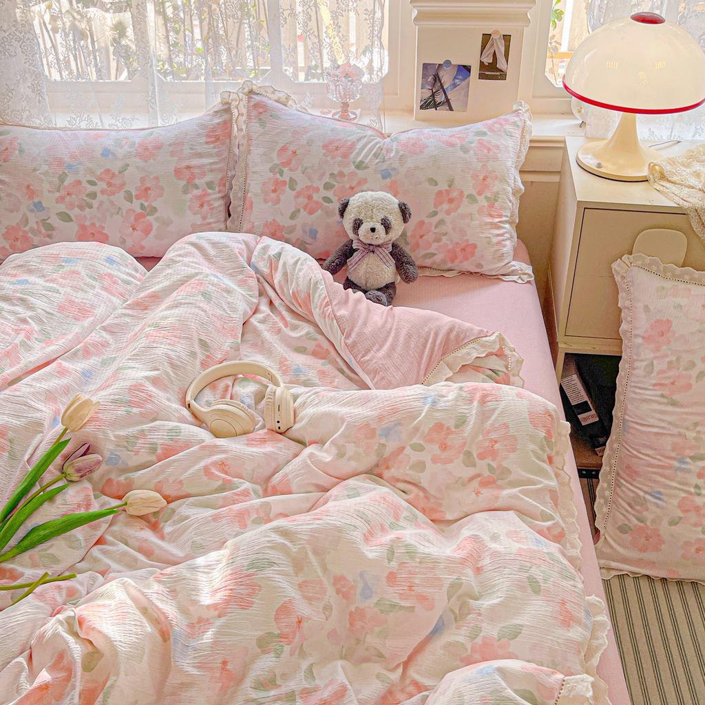 Ins Floral Bedding Set Princess Duvet Cover Set Bed Linen Flat Sheets Set 2 Pillowcases Single Double Queen Size Back To School