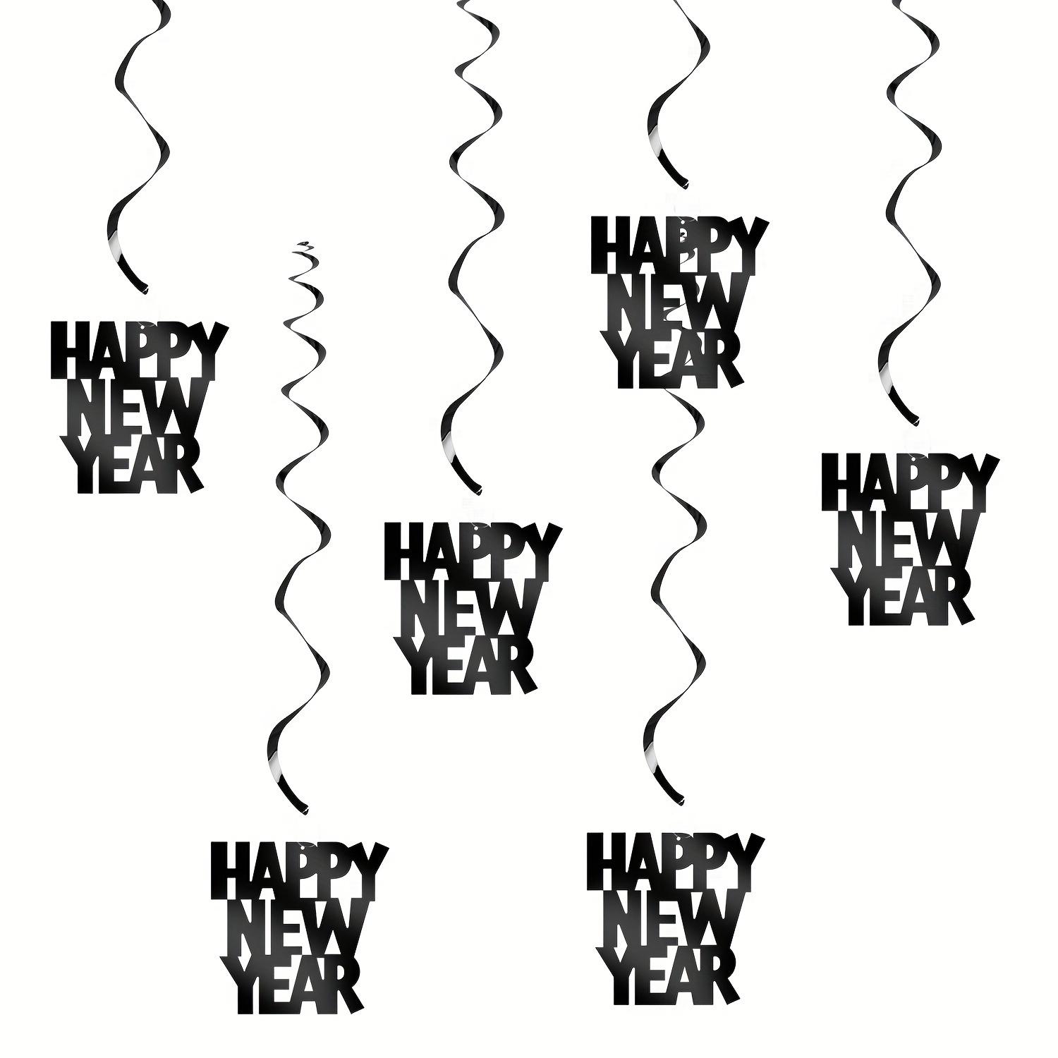 

12PCS Black and Gold Happy New Year Hanging Spiral Party Decoration, Christmas and Oh Party Ceiling Shining Ribbon чорний