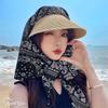 Vintage Women Sun Hat with Headscarf Summer Large Brim Full Face Cover Sunscreen Straw Cap Female Outdoor UV Protection Hat