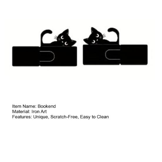 2Pcs Black Cat Bookends for Shelves Cute Metal Book Holder for Desk Heavy Duty