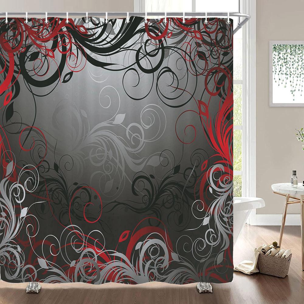 1 Pcs Shower Curtain Flowers Plants Black Printed Bathroom Curtain Polyester Cloth Waterproof Home Decoration Curtain with Hook