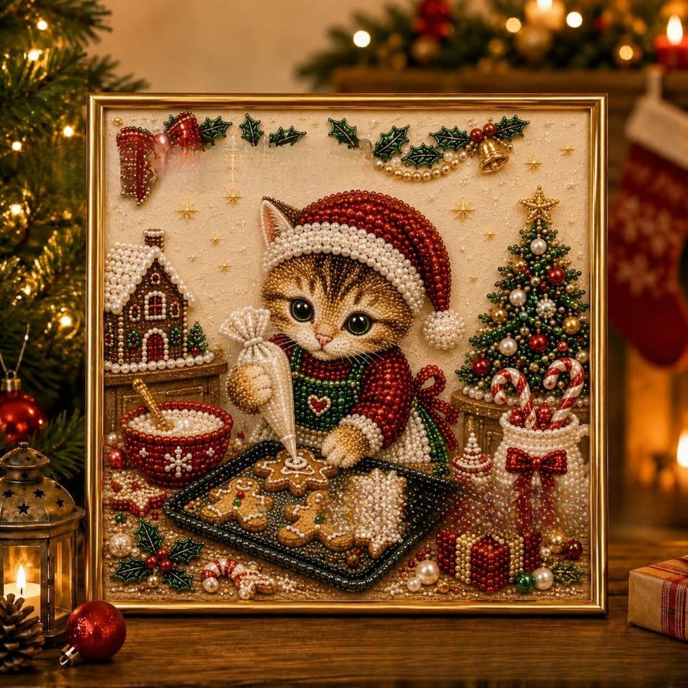 1 Set 3D Pearl Effect Diamond Painting Art Kit Christmas Kitty Theme Handmade Christmas Kitty Art Kit DIY Pearl Art Kit