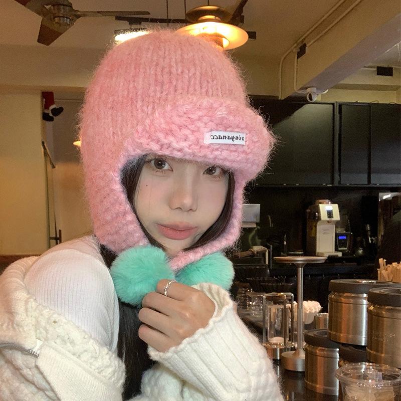Cute green knitted hairball ear protection hat women's autumn and winter Korean flying hat wool hat warm Lei Feng hat tide