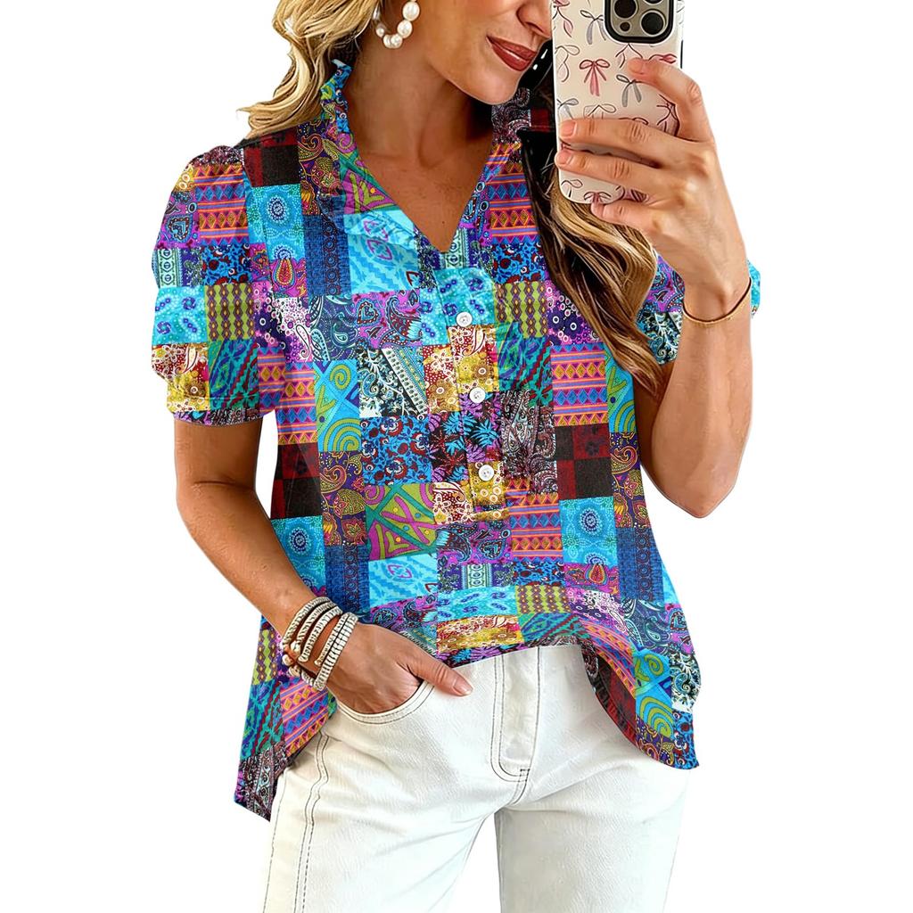 Women's Fashion Casual Ruffle V-Neck Print Blouse for Summer