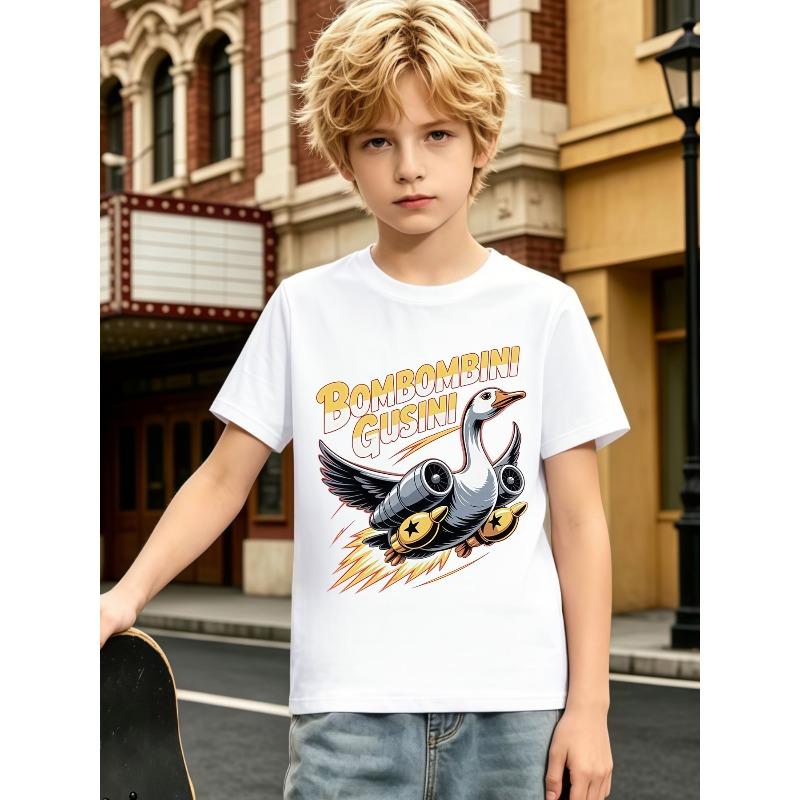 Boys Preppy Rocket Goose Letter Placement Print Crewneck Short Sleeve Tee, Sport Casual Kids Top 110 белый
