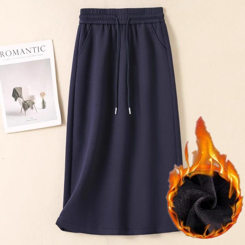 Women's Autumn/Winter Fleece-Lined or Regular Midi Skirt Sweatshirt Dress, Plus Size, Elastic Waist with Drawstring