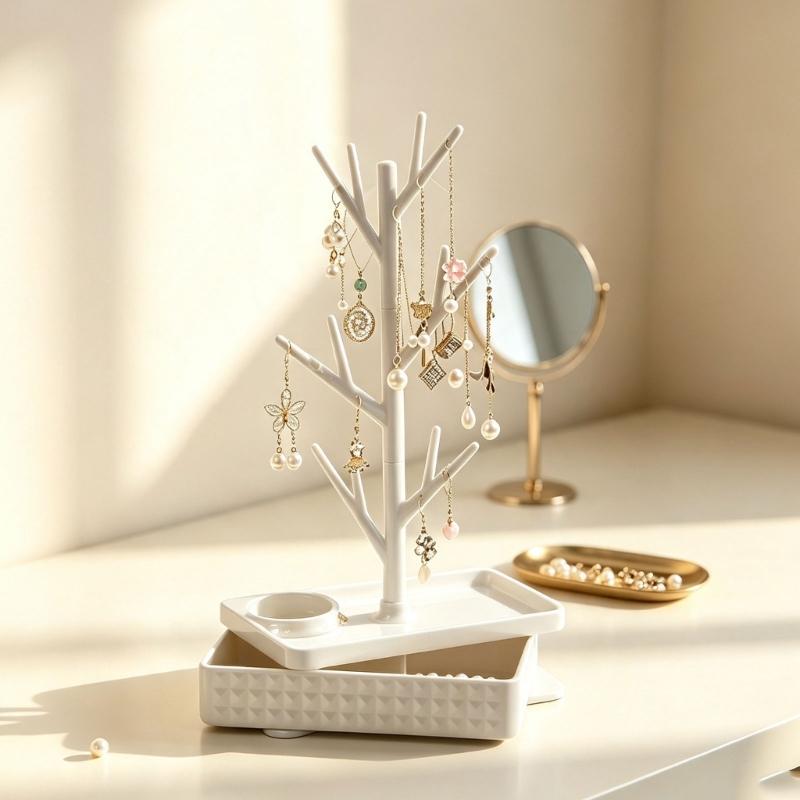 Tree Jewelry Stand for Dresser Storage with Rotating Branch Display and Bottom Tray, Daily Necklace Bracelet Holder