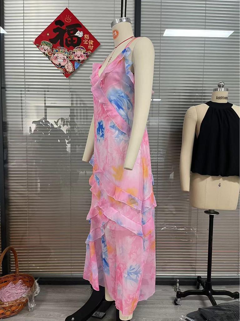 Elegant Women's V-Neck Ruffle Backless Long Dress - Sleeveless and Stylish