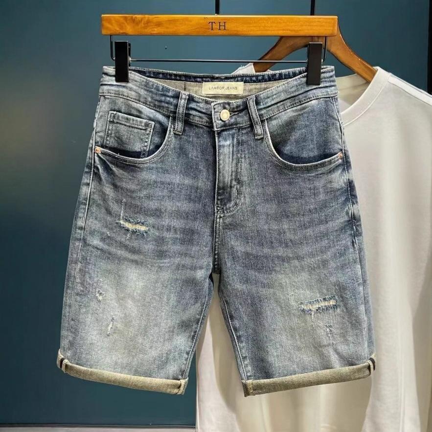 High-end ripped denim shorts men's summer new trendy brand ruffian handsome embroidered casual versatile five-point pants