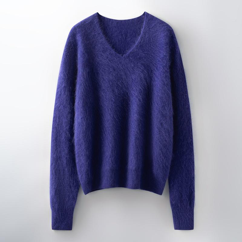 V-Neck Wool Cashmere Loose Brushed Sweater - Solid Color, Versatile, and Skin-Friendly Knitwear