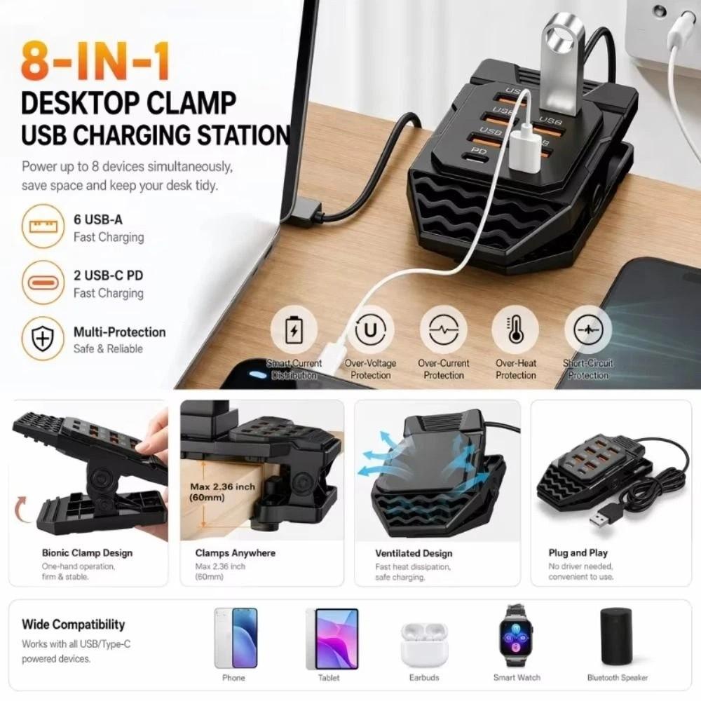 Data Channel USB Splitter Clamp-Mounted Desktop USB Charger Charging Station Desktop