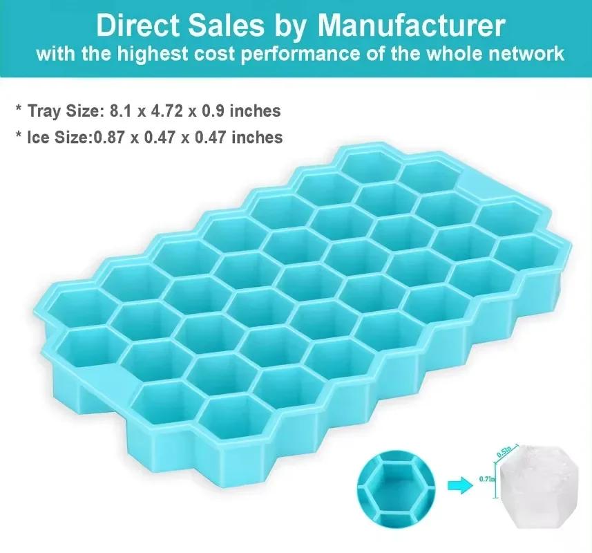 Food Grade Soft Silicone Ice Cube Mold with Cover, 37 Grid, Washable and Reusable, Easy Removal, Home Kitchen Tools, 1PC