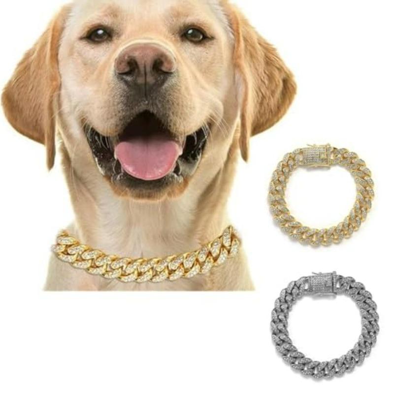 Cat Chain Collar, 2 Pcs Diamond Cuban Link Kitten Walking Collar with Secure Buckle Pet Rhinestones Necklace Metal Chain Jewelr