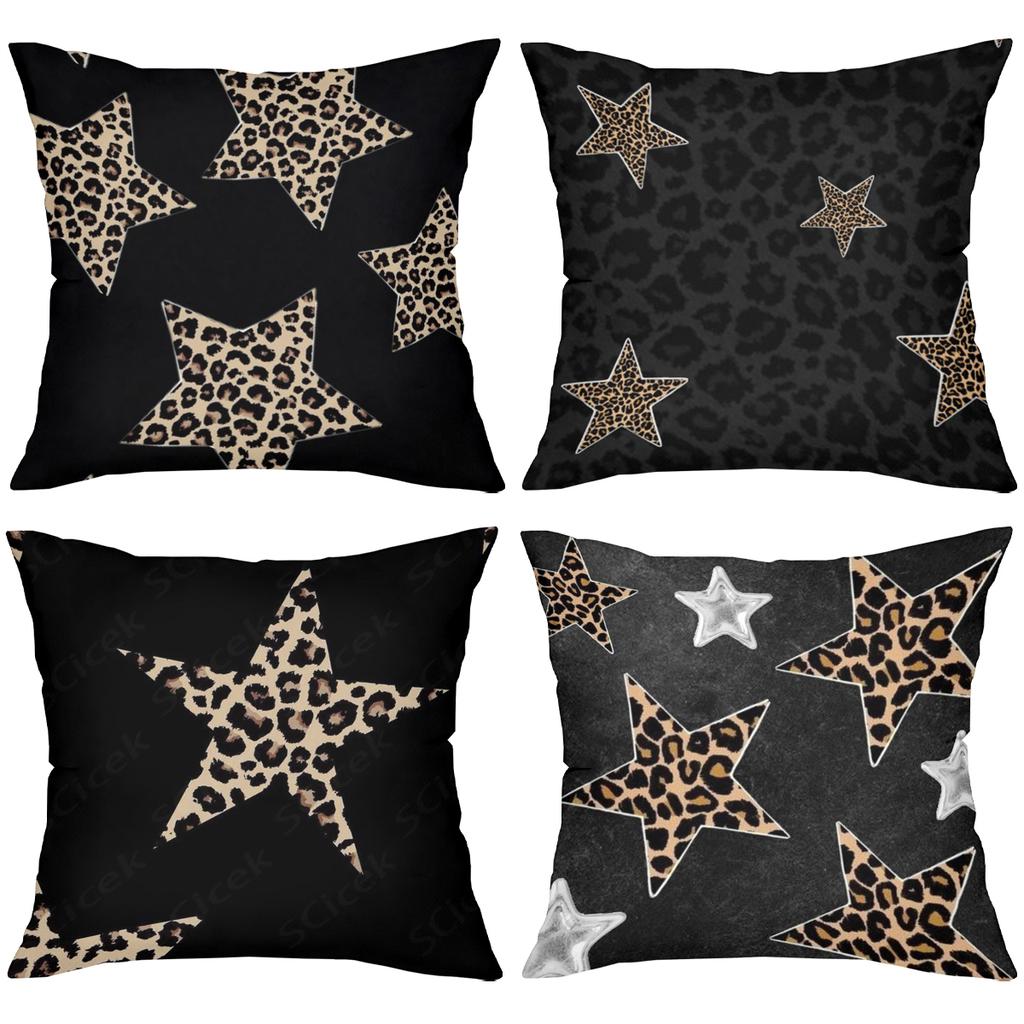 Leopard Stern Muster Schwarze Kissenbezüge Set von 4 Polyester Kissenbezug, Sofa Dekorative Kissenhülle Kopfteilkissen