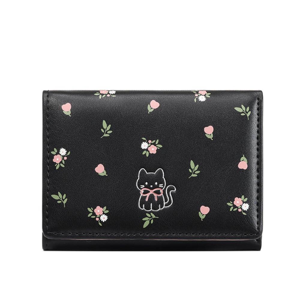 INS Style Cute Cat Short Wallet Flowers Pattern PU Leather Coin Purse Tri-fold Mini Wallet Gifts