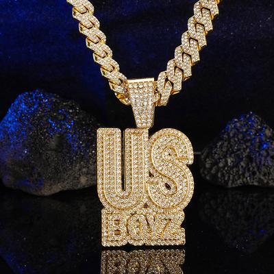 Collier Pendentif Lettre US Boys en Strass pour Homme avec Charme Chaîne Cubaine Carrée Bling Glacée 13 mm Mode Hip Hop Bijoux Homme